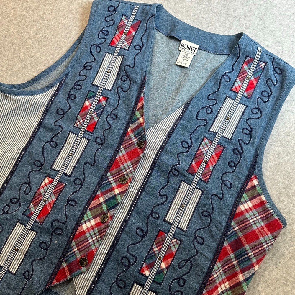 Koret City Blues Womens XL Denim Patchwork Vest Plaid Striped 90s Teacher Plaid